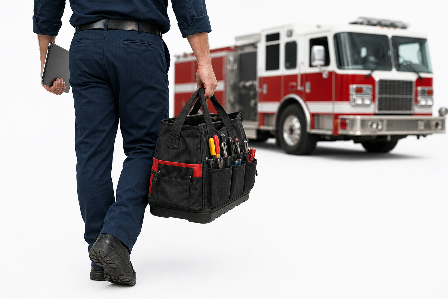 Vehicle Technician with Tool Bag and iPad at Fire Truck